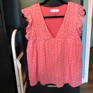 PINK LILY Salmon Peach Eyelet Ruffled Cap Sleeve Empire Waist Top Size Large